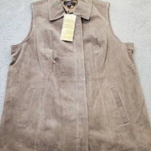 Dennis Basso Vest Women's 2X Brown Washable Leather Lined Collared Full‎ Zipper